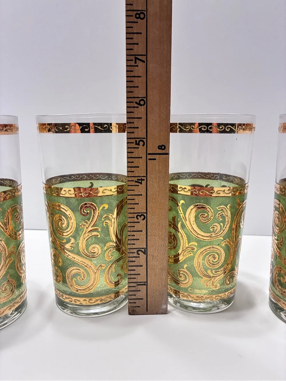 MCM Set of 4 Culver TOLEDO Green Gold Scroll Highball Glasses Tumblers 12 oz.
